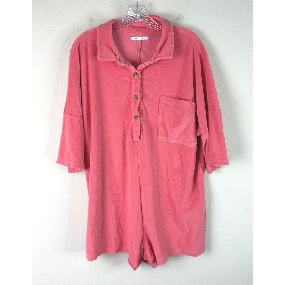 O'Neill Romper Womens Medium Pink Terry Cloth Short Sleeve Button Front Pocket